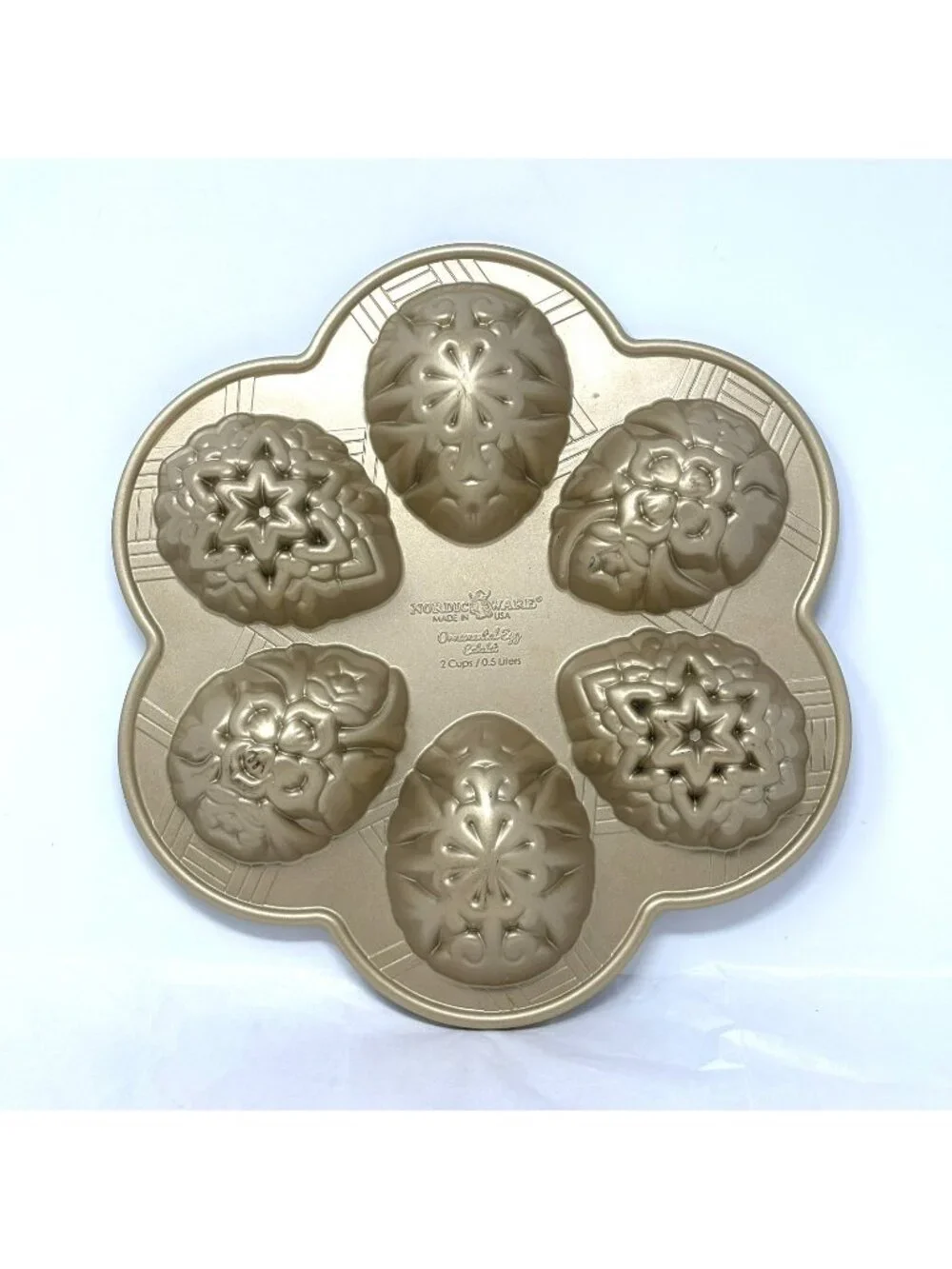NORDIC WARE Ornamental Egg Cakelet Easter Pan Mold 3 Designs 6 Cavity Gold 2 Cup